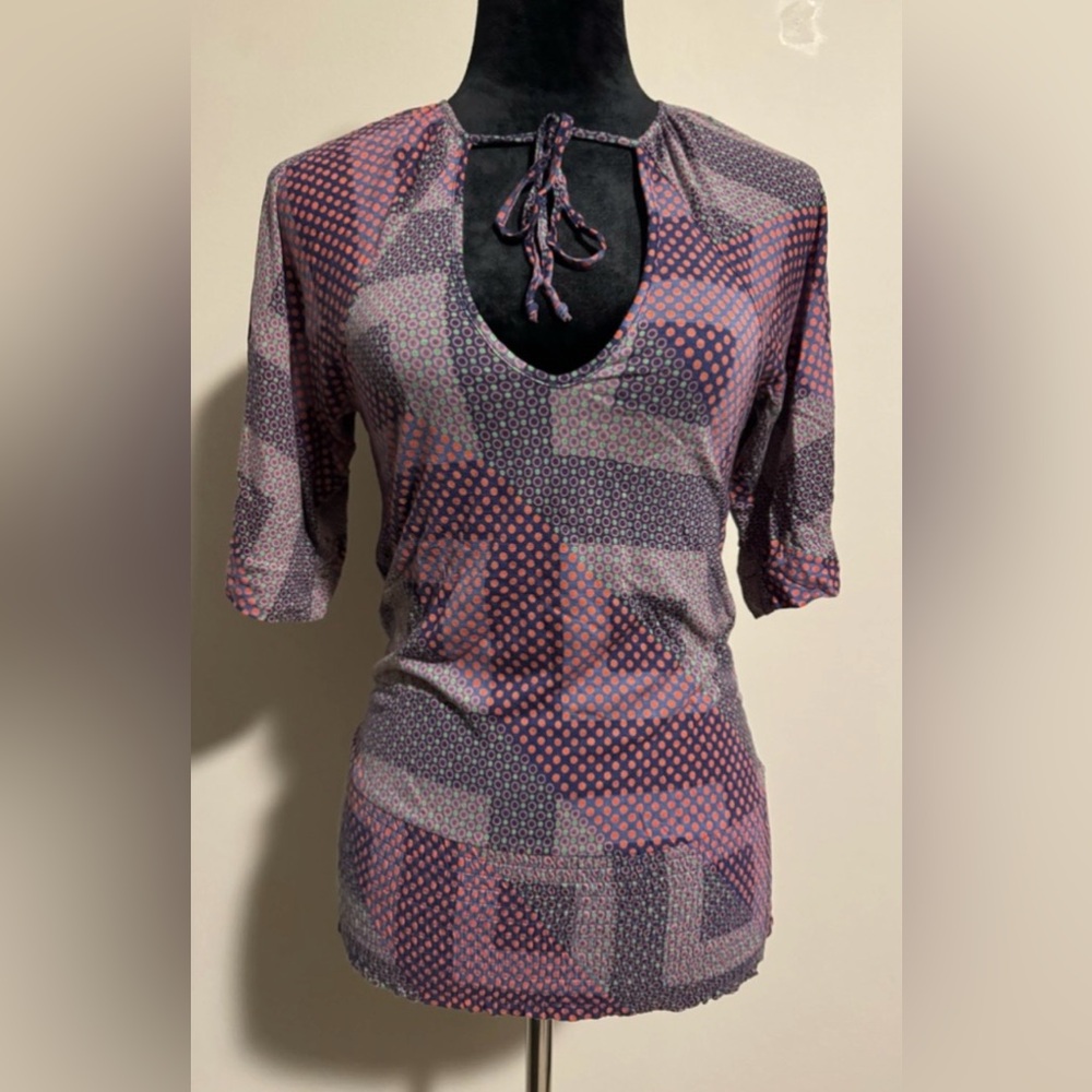 EUC Deletta Anthropologie Mixed Polka Dot Purple Keyhole Top Size XS